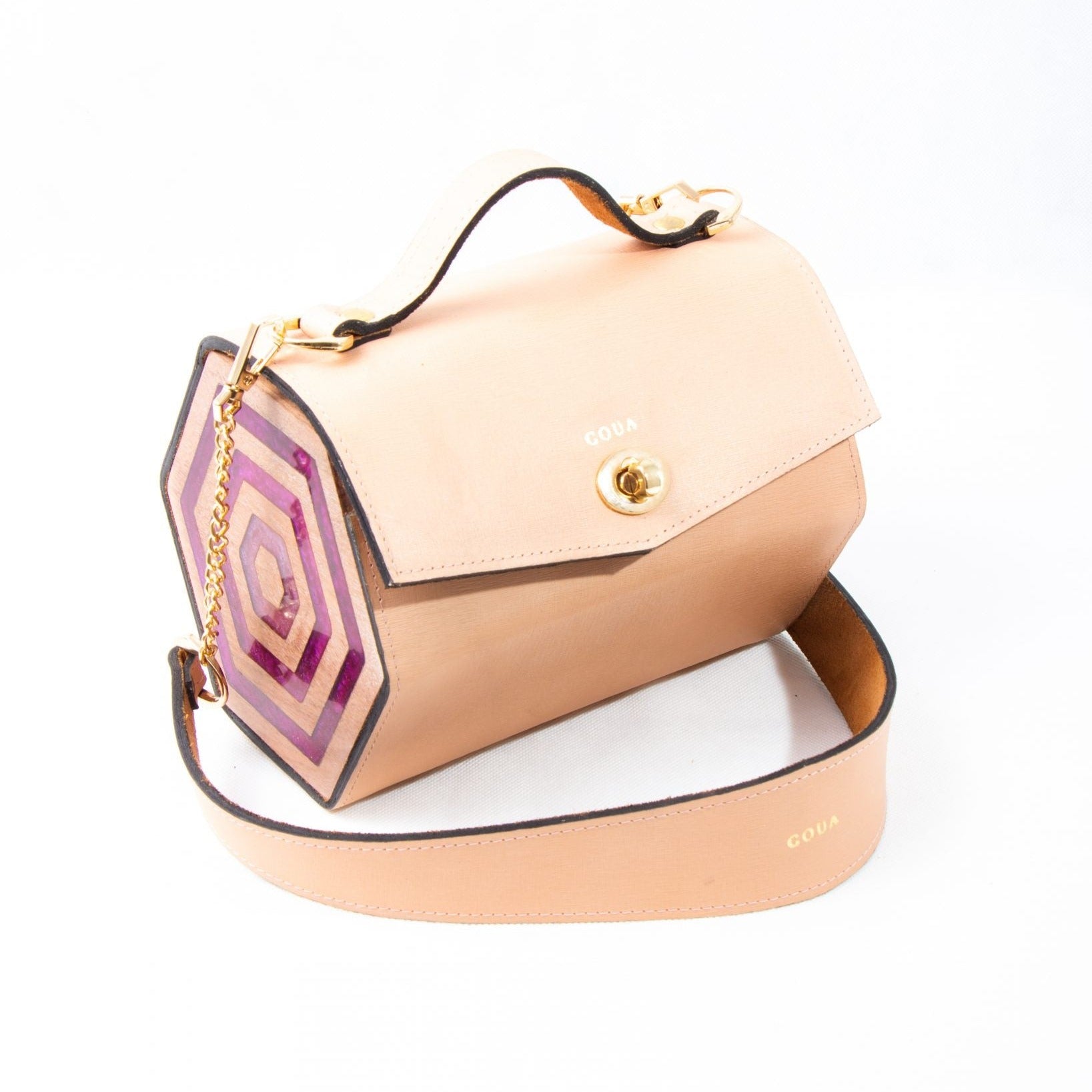 Sac à main rose faces hexagonales en véritable cuir et bois d'acajou - artisanat Tunisien fait main | ILEYCOM