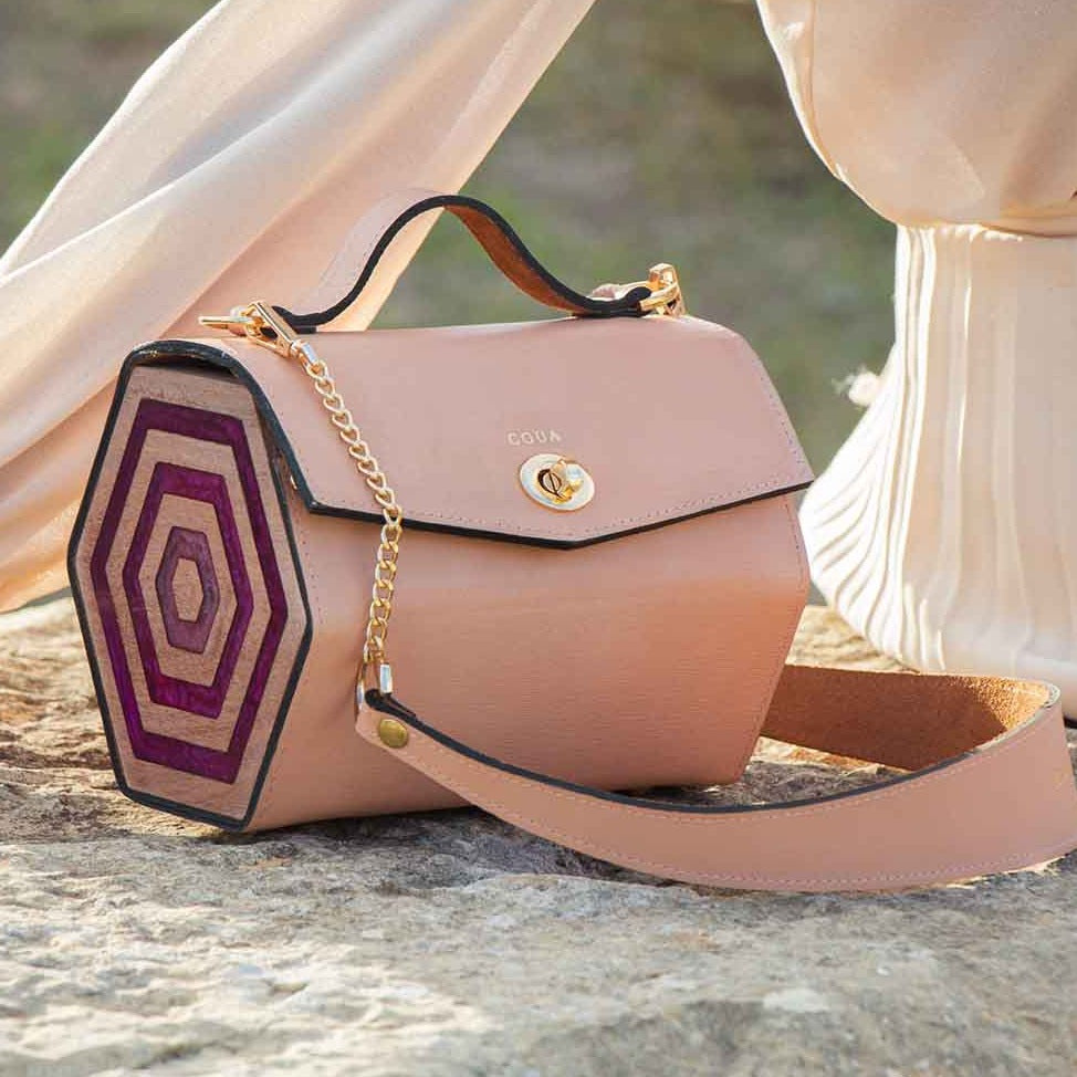 Sac à main rose faces hexagonales en véritable cuir et bois d'acajou - artisanat Tunisien fait main | ILEYCOM