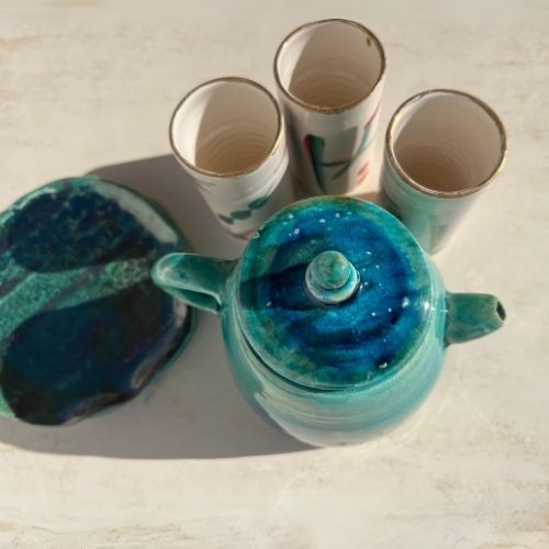 Blue ceramic teapot